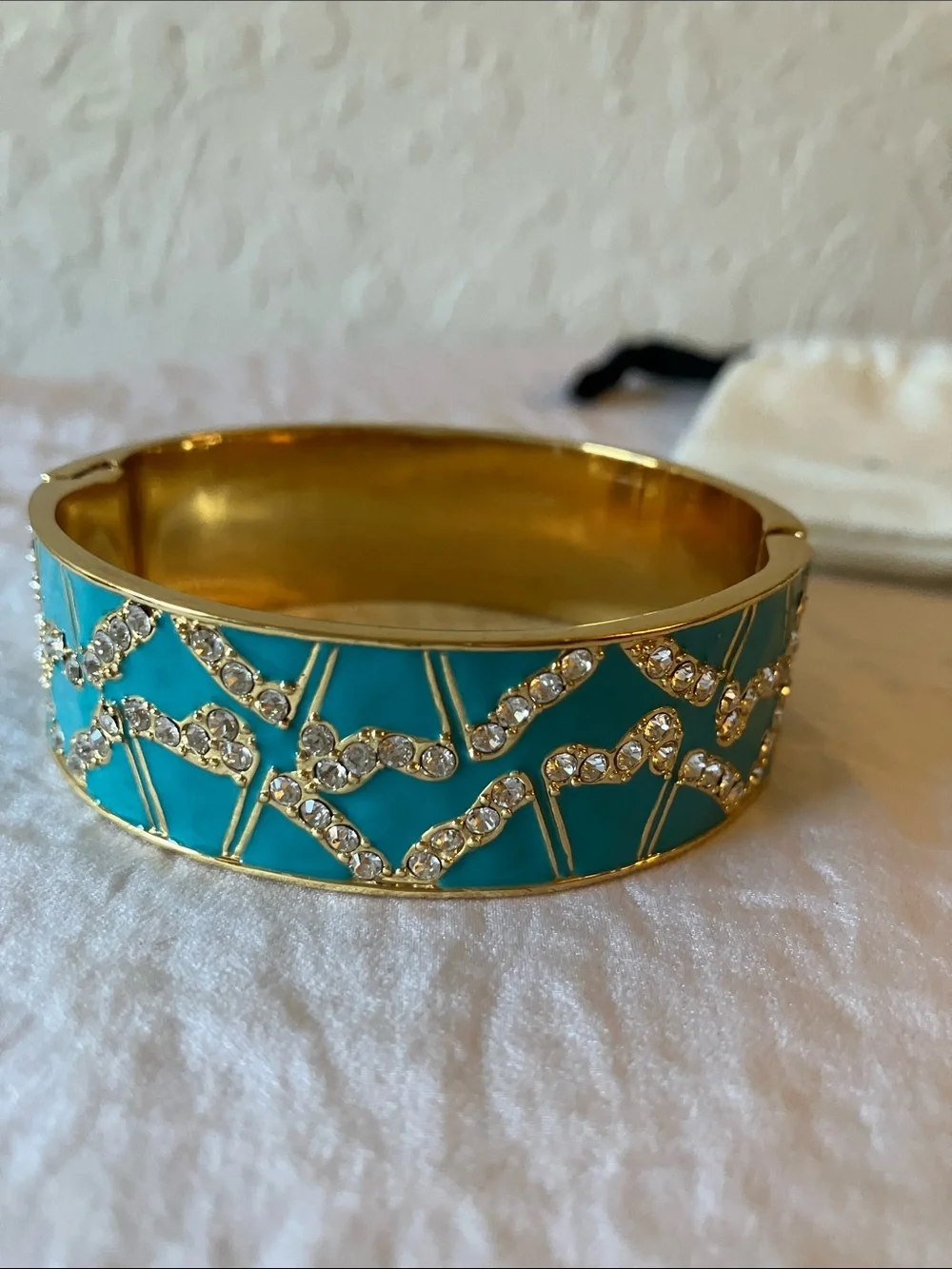 kate spade: Turquoise Enamel & Gold Tone Crystal-Accent Bangle- Hinge- Dust Bag